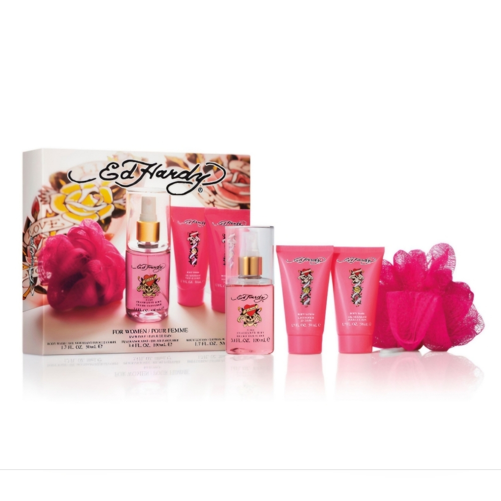 Ed Hardy Love Kills Slowly 4pc Gift Set W/Perfume/Lotion/Body Wash/Pouf